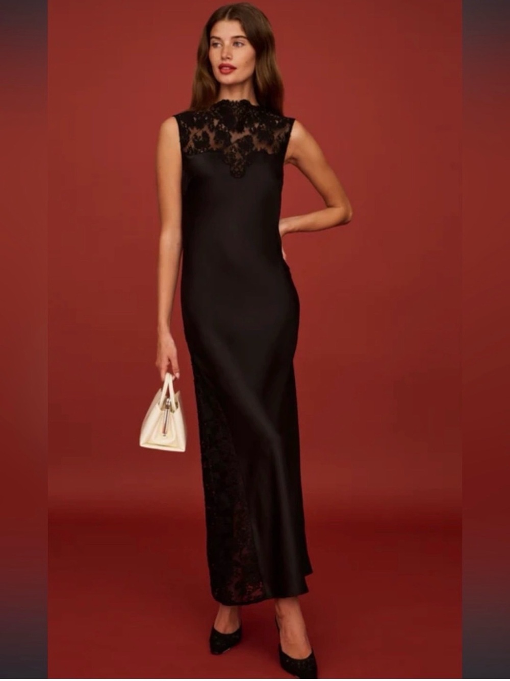 o.p.t Natalia Black Satin Lace Maxi Dress Size 6 NWT Few Moda